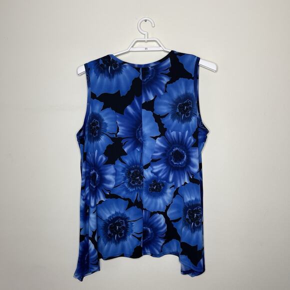 ONLY‎ 9 Blue Black Floral Print Asymmetrical Tank Top Liquid Slinky Knit Sz 4X - Picture 5 of 8